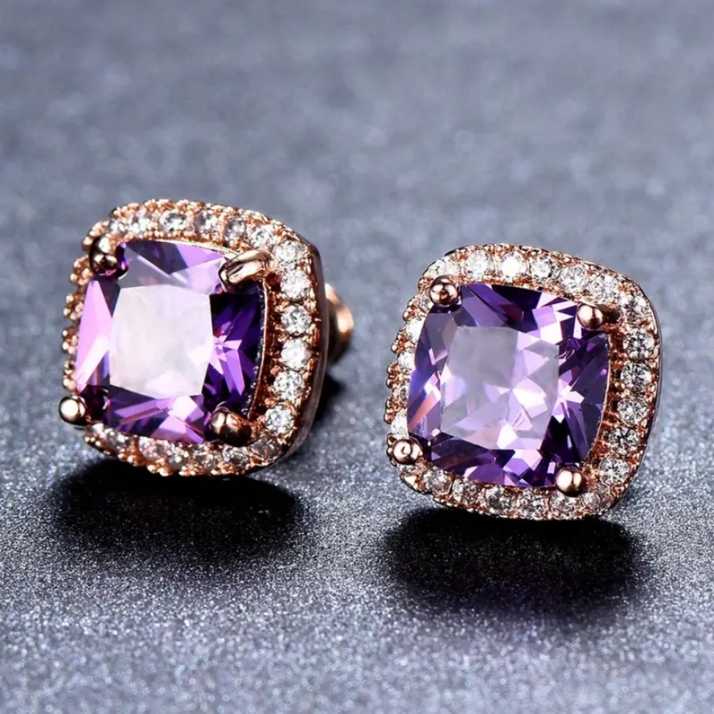 Purple Amethyst Halo Earrings - Picture 3 of 8